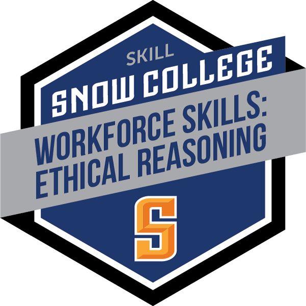 Hexagonal "badge" with Snow College logo and the words Ethical Reasoning