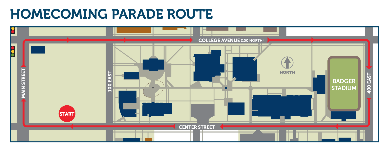 Map of the Snow College 2024 Parade Route: Starts on Center Street between 100 East and Main Street, moves to Main Street, turns right on College Avenue (100 North), turns right on 400 East, and ends on Center Street.